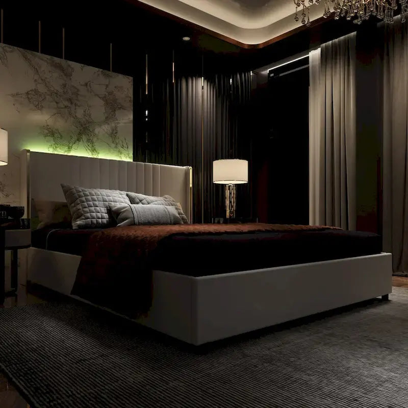 Modern Illuminated Upholstered Platform Bed with LED Light Strip and Gold Trim