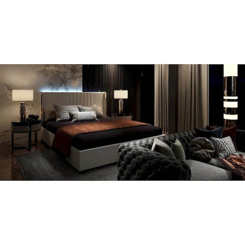 Modern Illuminated Upholstered Platform Bed with LED Light Strip and Gold Trim
