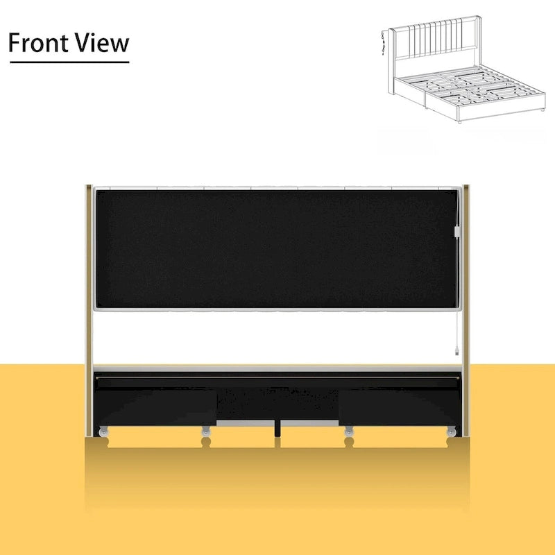 Modern Illuminated Upholstered Platform Bed with LED Light Strip and Gold Trim