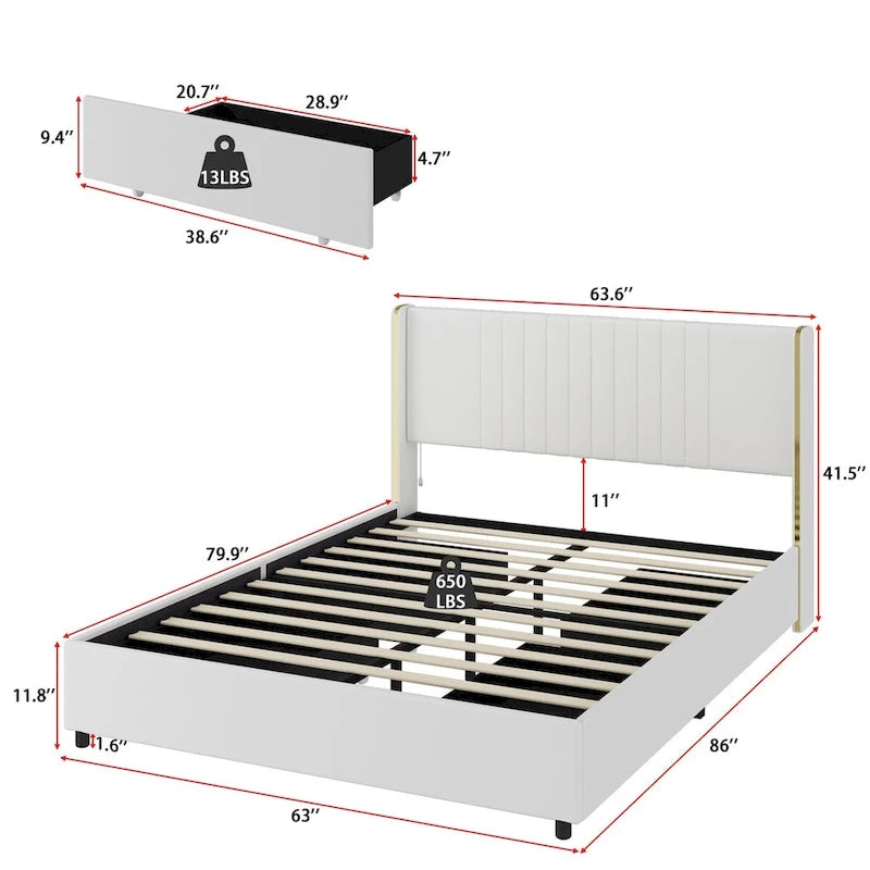 Modern Illuminated Upholstered Platform Bed with LED Light Strip and Gold Trim