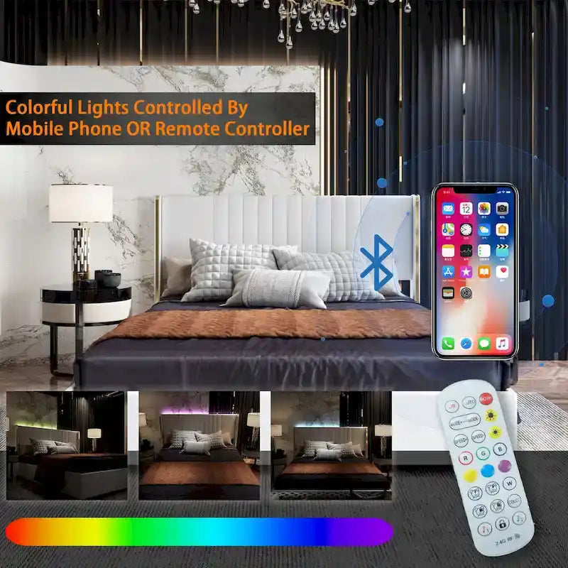 Modern Illuminated Upholstered Platform Bed with LED Light Strip and Gold Trim