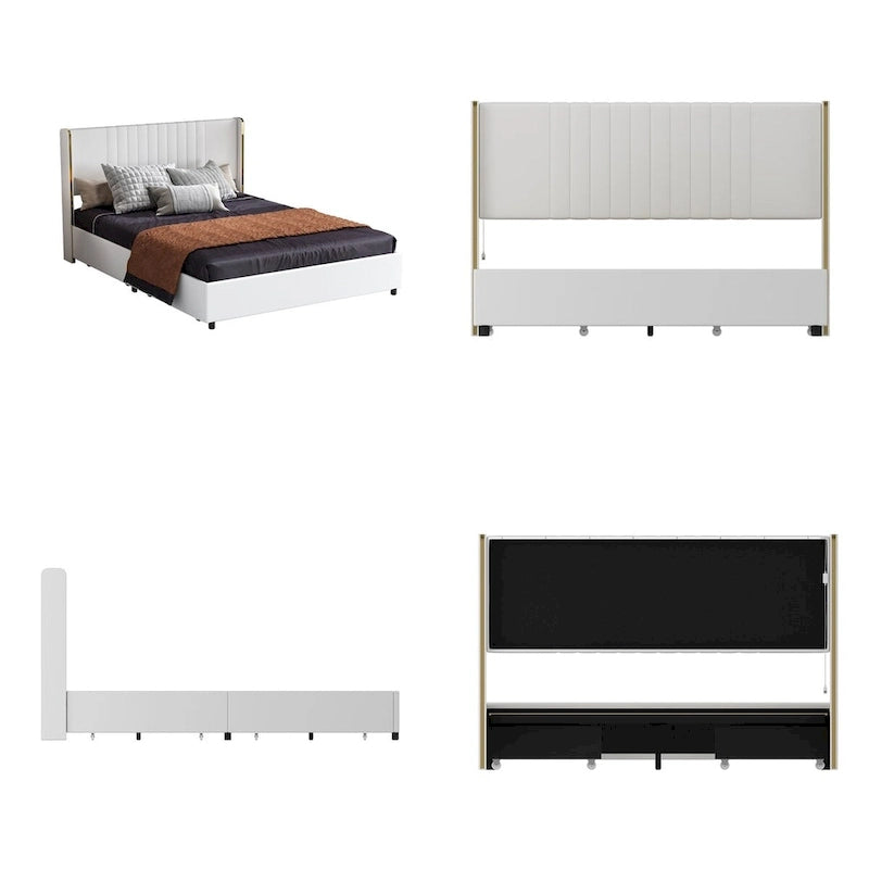 Modern Illuminated Upholstered Platform Bed with LED Light Strip and Gold Trim