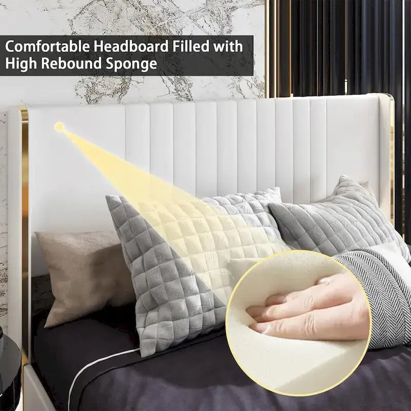 Modern Illuminated Upholstered Platform Bed with LED Light Strip and Gold Trim