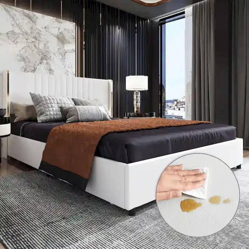 Modern Illuminated Upholstered Platform Bed with LED Light Strip and Gold Trim