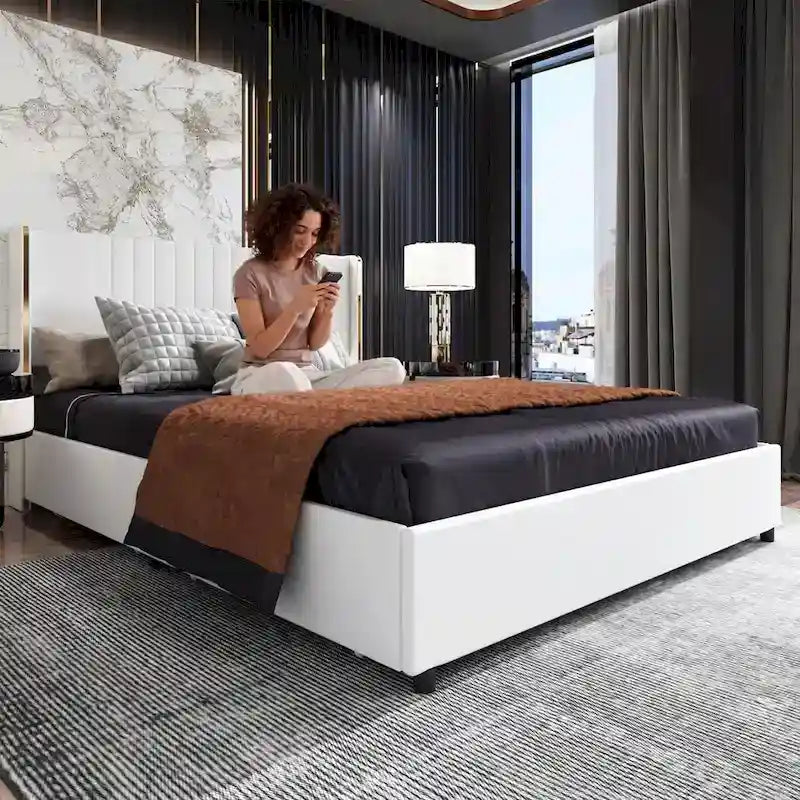 Modern Illuminated Upholstered Platform Bed with LED Light Strip and Gold Trim