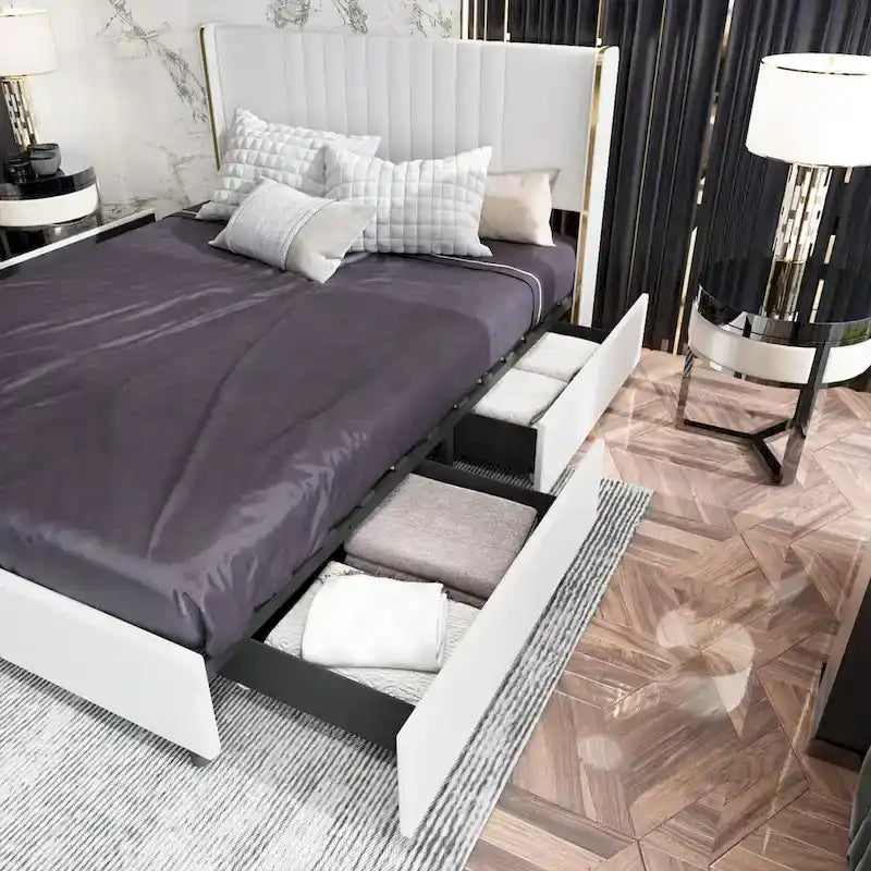 Modern Illuminated Upholstered Platform Bed with LED Light Strip and Gold Trim