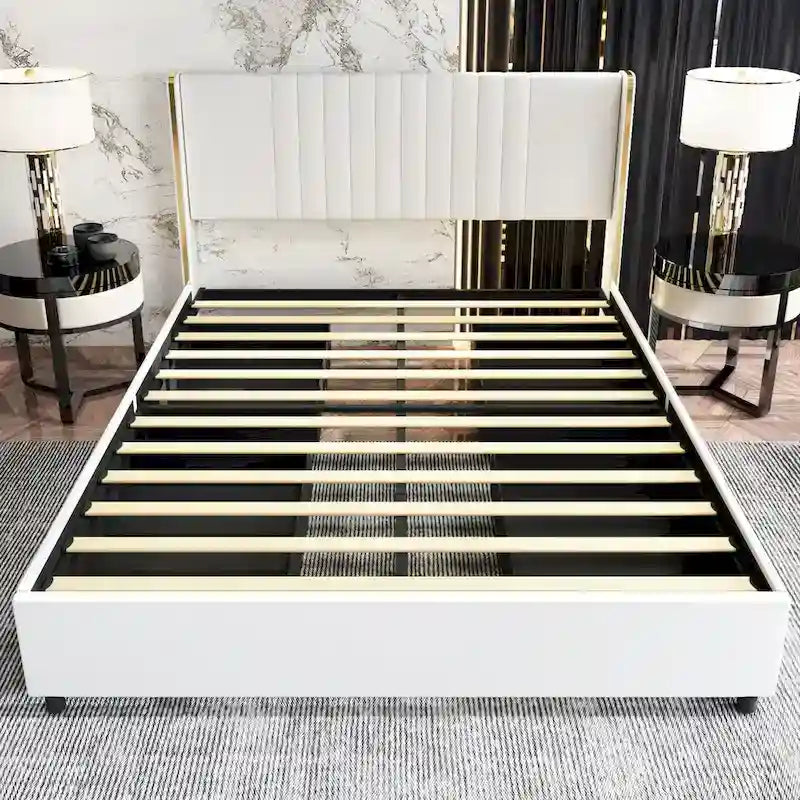 Modern Illuminated Upholstered Platform Bed with LED Light Strip and Gold Trim