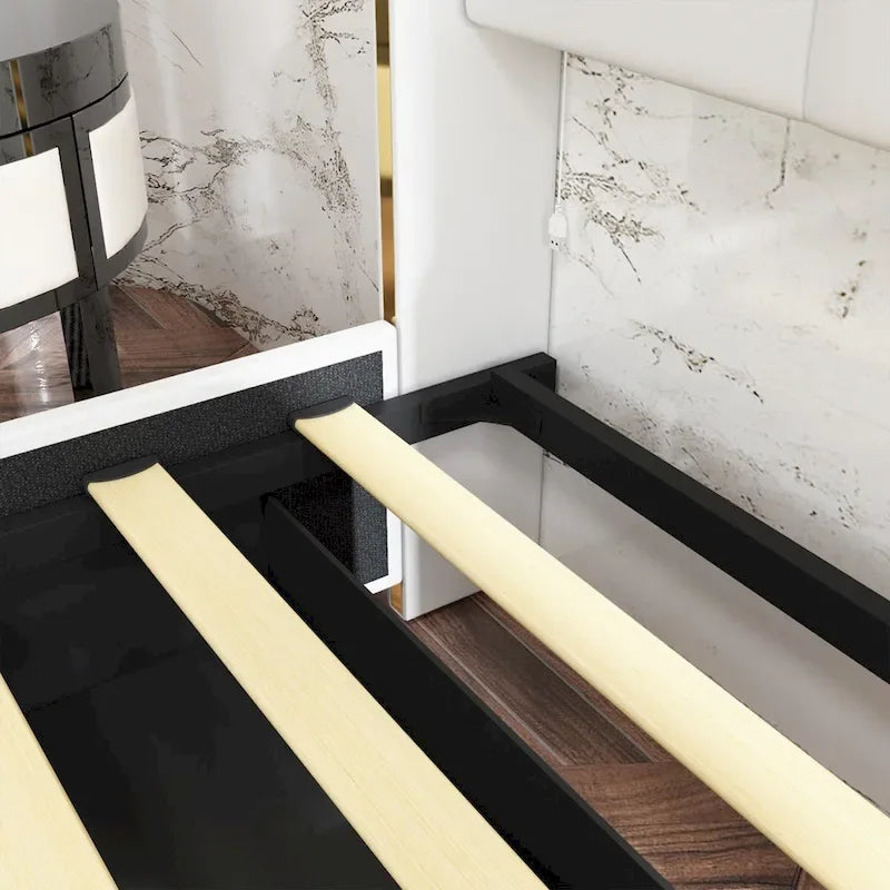 Modern Illuminated Upholstered Platform Bed with LED Light Strip and Gold Trim