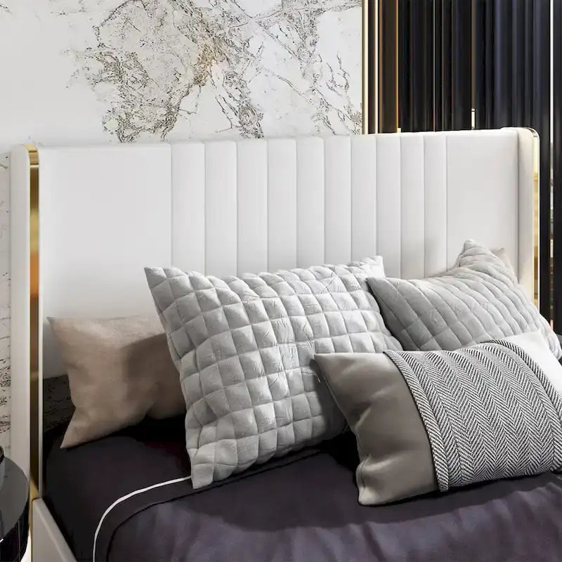 Modern Illuminated Upholstered Platform Bed with LED Light Strip and Gold Trim