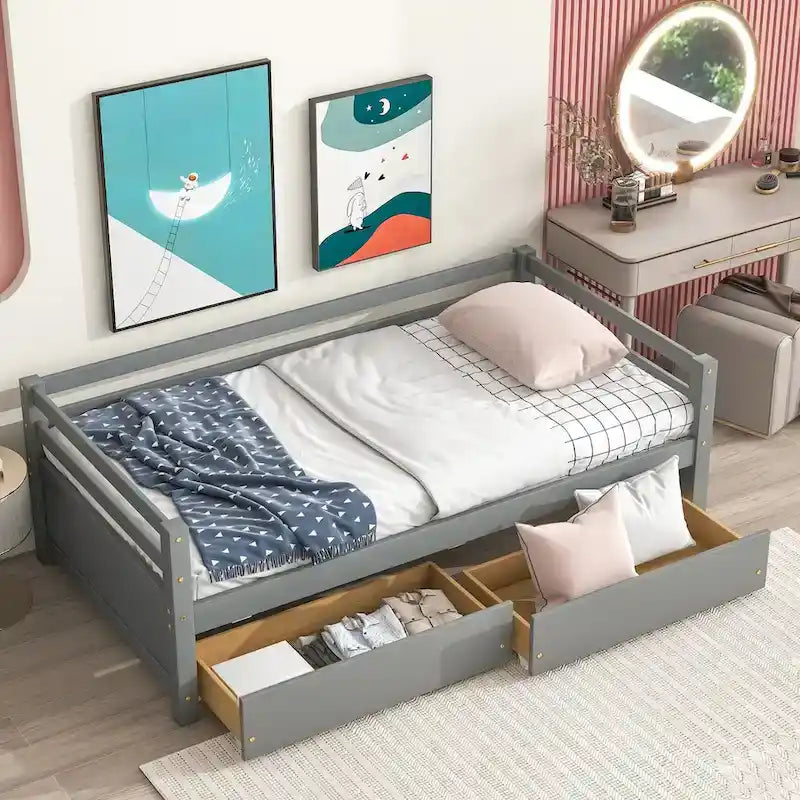 Twin Size Daybed with 2 Storage Drawers - Grey, Sofa and Bed in One