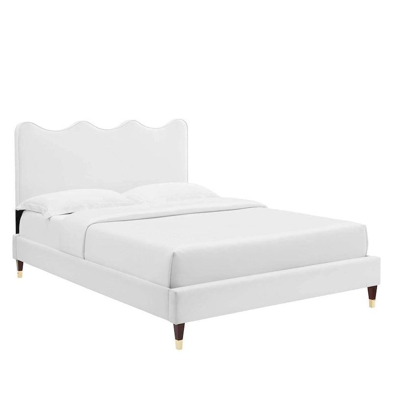 Full Size Velvet Platform Bed with Scalloped Headboard and Wood Slat Support