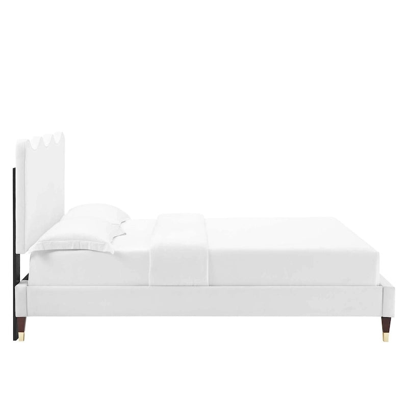Full Size Velvet Platform Bed with Scalloped Headboard and Wood Slat Support
