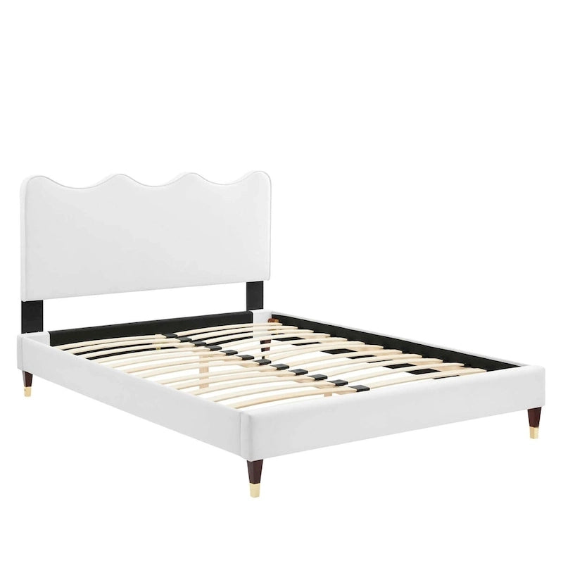 Full Size Velvet Platform Bed with Scalloped Headboard and Wood Slat Support