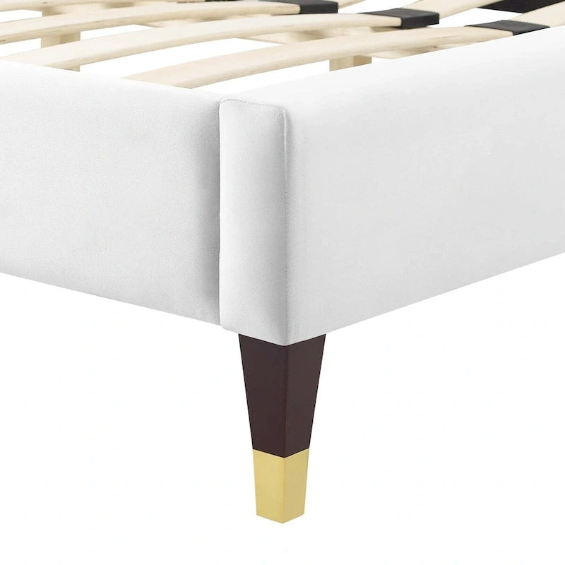 Full Size Velvet Platform Bed with Scalloped Headboard and Wood Slat Support