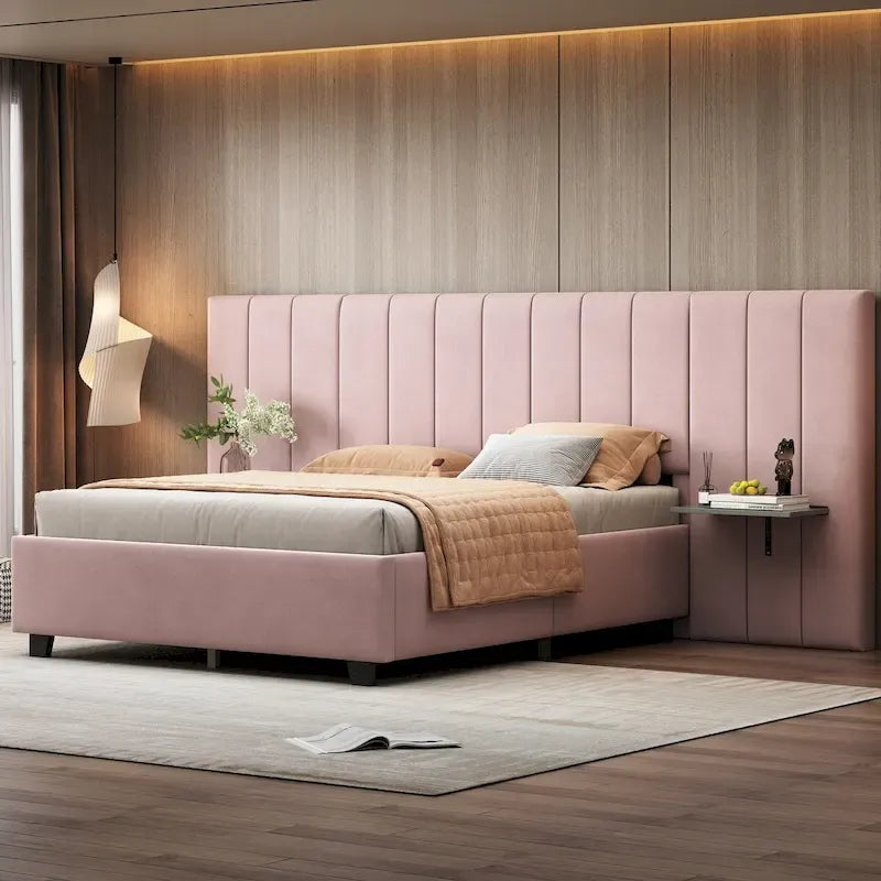 Full Size Velvet Upholstered Platform Bed with Large Headboard and Side Shelves
