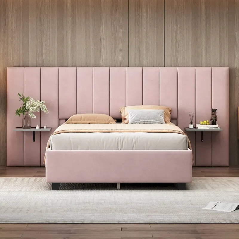 Full Size Velvet Upholstered Platform Bed with Large Headboard and Side Shelves