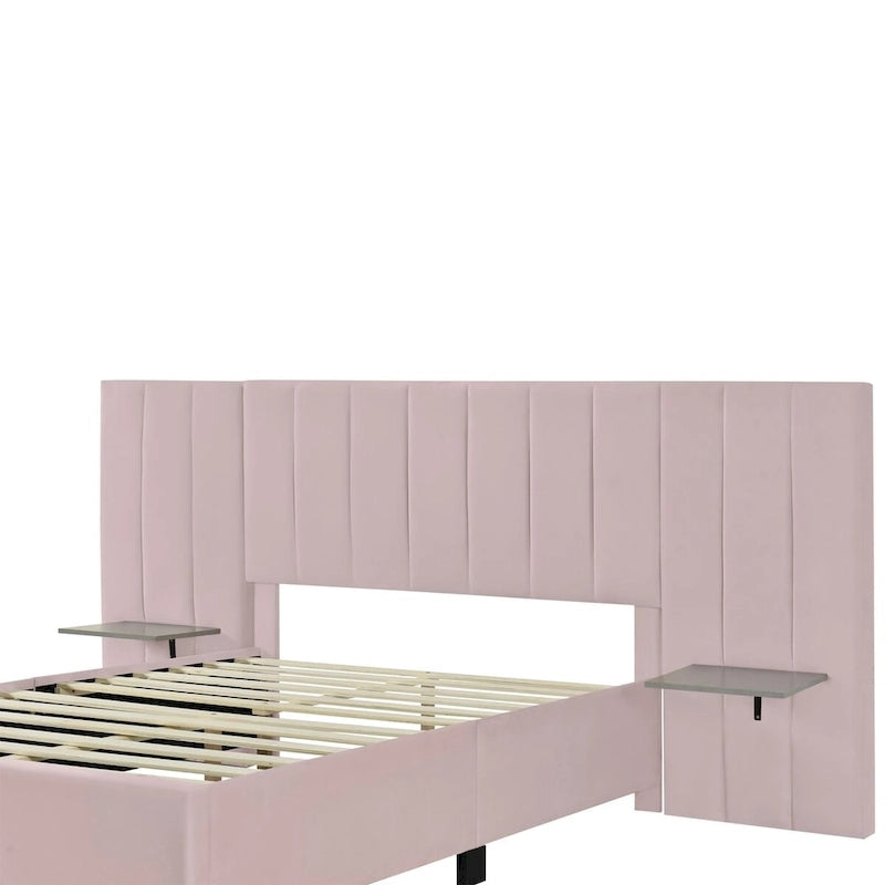 Full Size Velvet Upholstered Platform Bed with Large Headboard and Side Shelves