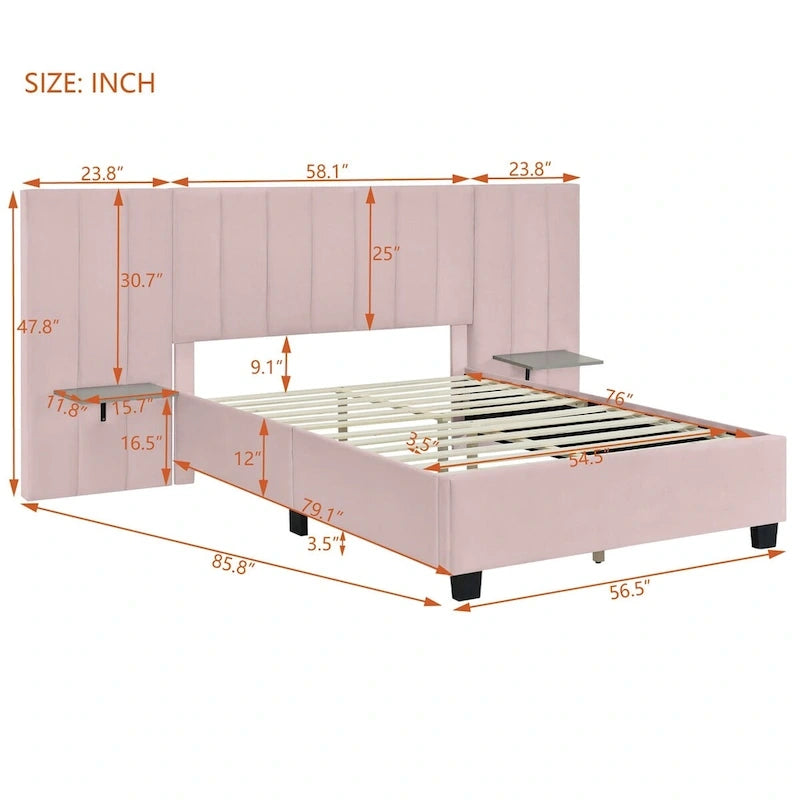 Full Size Velvet Upholstered Platform Bed with Large Headboard and Side Shelves