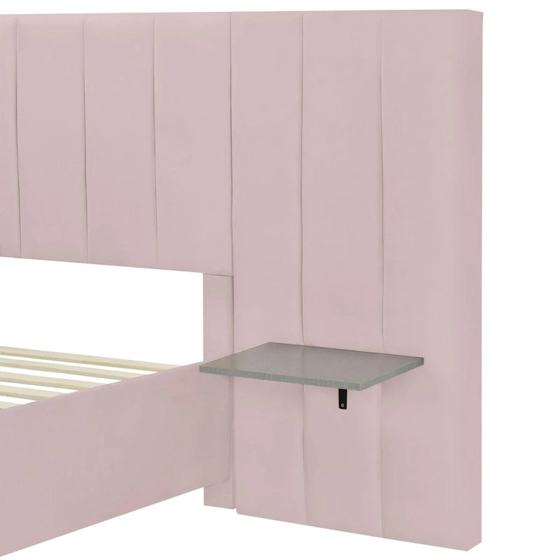 Full Size Velvet Upholstered Platform Bed with Large Headboard and Side Shelves