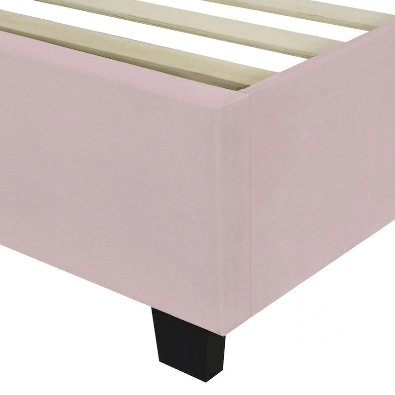 Full Size Velvet Upholstered Platform Bed with Large Headboard and Side Shelves