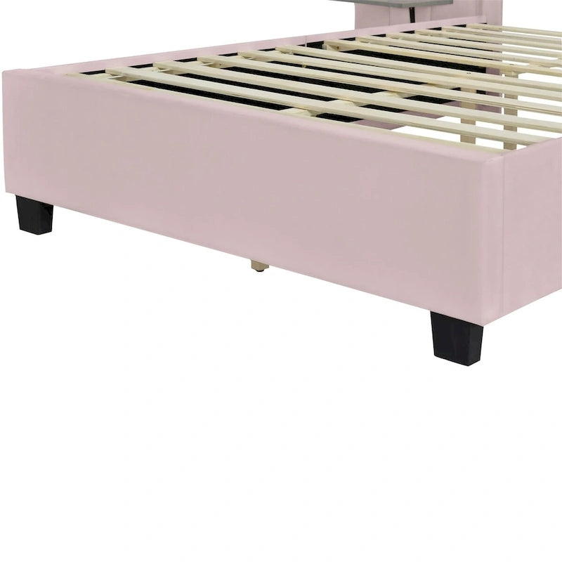 Full Size Velvet Upholstered Platform Bed with Large Headboard and Side Shelves