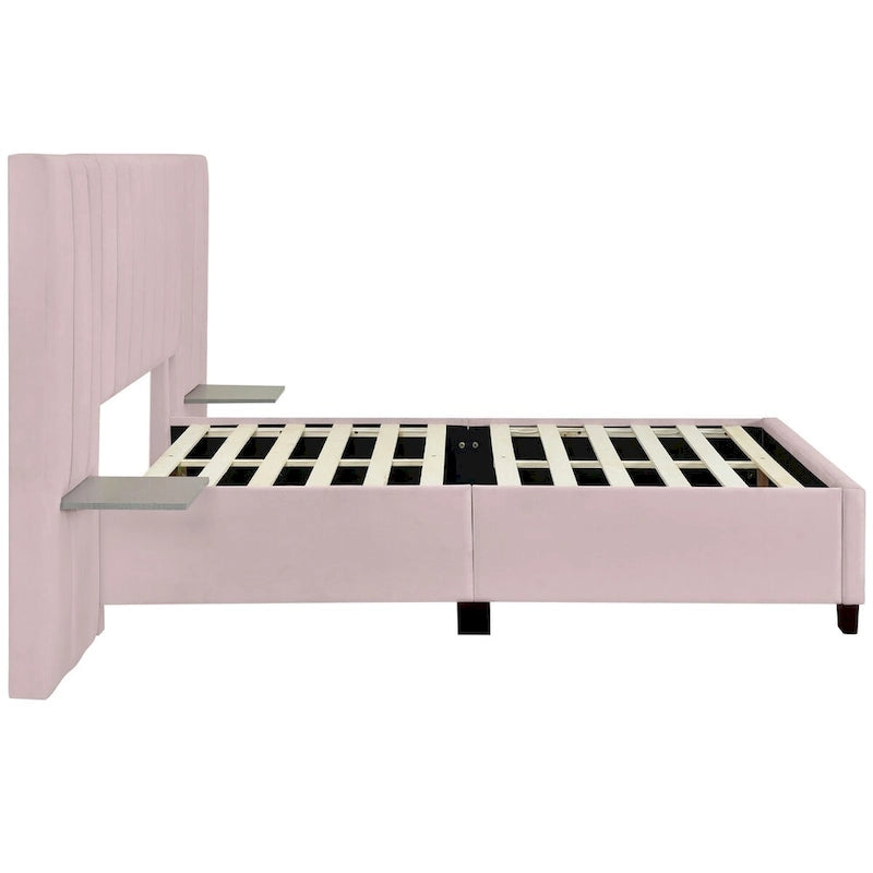 Full Size Velvet Upholstered Platform Bed with Large Headboard and Side Shelves