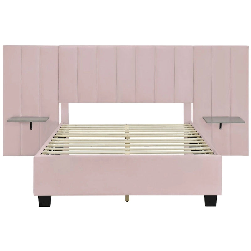 Full Size Velvet Upholstered Platform Bed with Large Headboard and Side Shelves