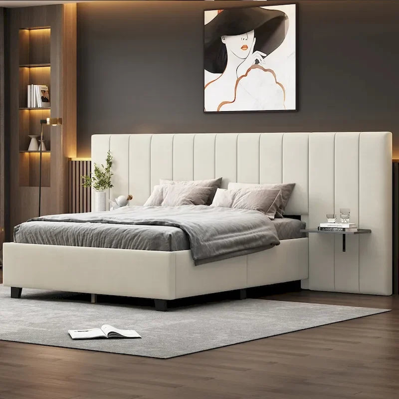 Full Size Velvet Upholstered Platform Bed with Large Headboard and Side Shelves