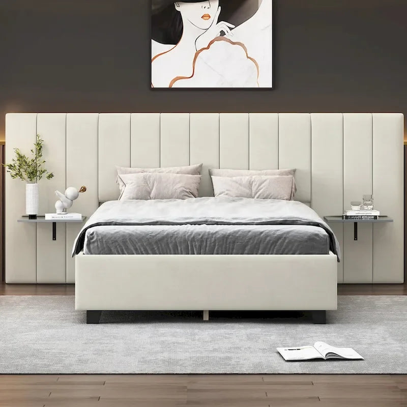 Full Size Velvet Upholstered Platform Bed with Large Headboard and Side Shelves