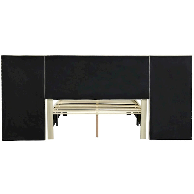 Full Size Velvet Upholstered Platform Bed with Large Headboard and Side Shelves