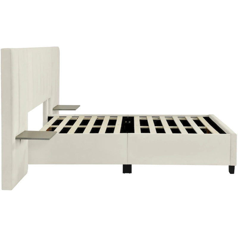 Full Size Velvet Upholstered Platform Bed with Large Headboard and Side Shelves