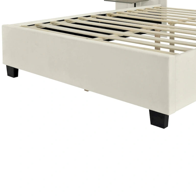 Full Size Velvet Upholstered Platform Bed with Large Headboard and Side Shelves