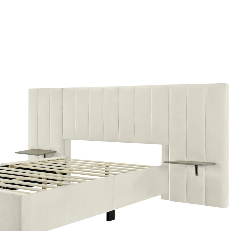 Full Size Velvet Upholstered Platform Bed with Large Headboard and Side Shelves