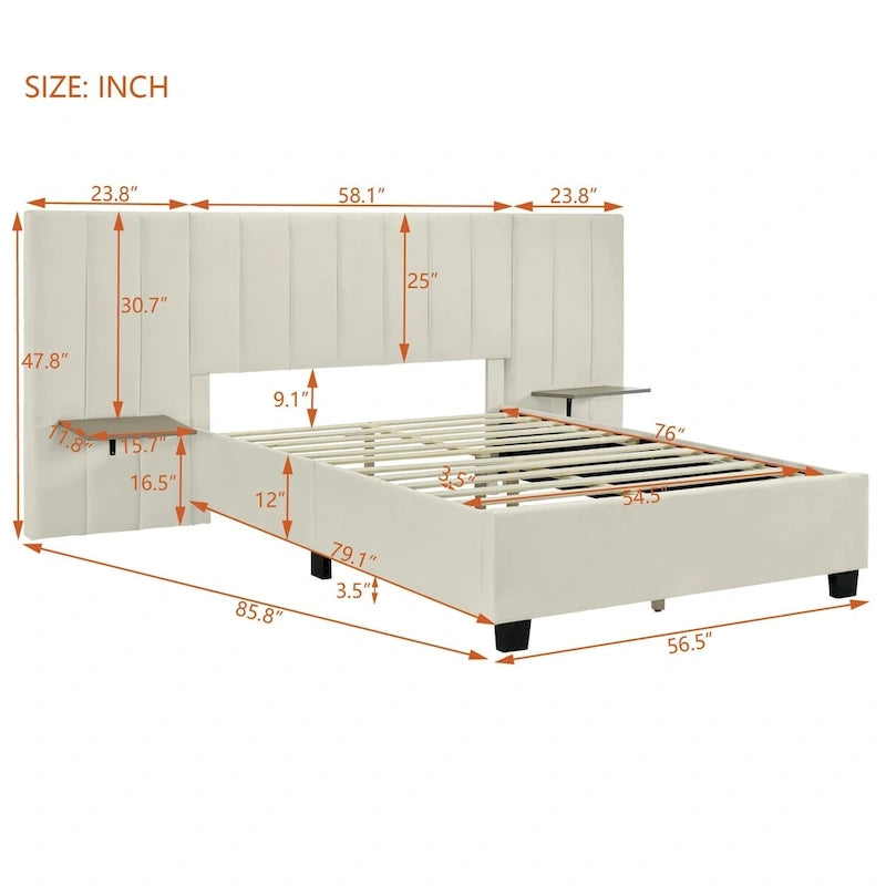 Full Size Velvet Upholstered Platform Bed with Large Headboard and Side Shelves