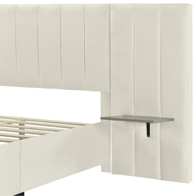 Full Size Velvet Upholstered Platform Bed with Large Headboard and Side Shelves