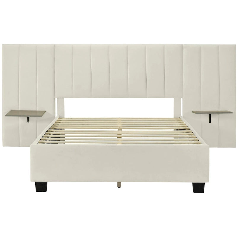 Full Size Velvet Upholstered Platform Bed with Large Headboard and Side Shelves