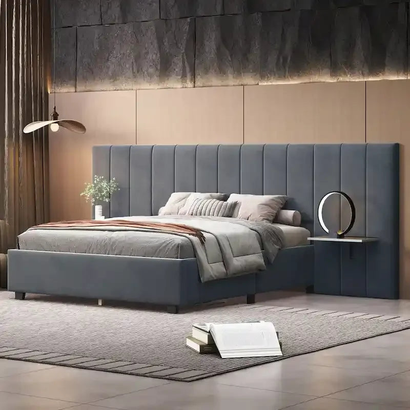 Full Size Velvet Upholstered Platform Bed with Large Headboard and Side Shelves