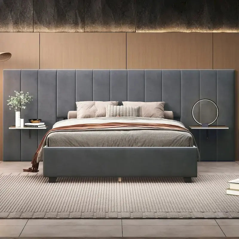 Full Size Velvet Upholstered Platform Bed with Large Headboard and Side Shelves