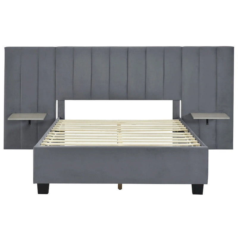 Full Size Velvet Upholstered Platform Bed with Large Headboard and Side Shelves