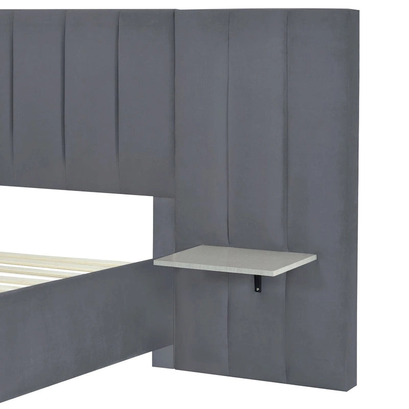 Full Size Velvet Upholstered Platform Bed with Large Headboard and Side Shelves