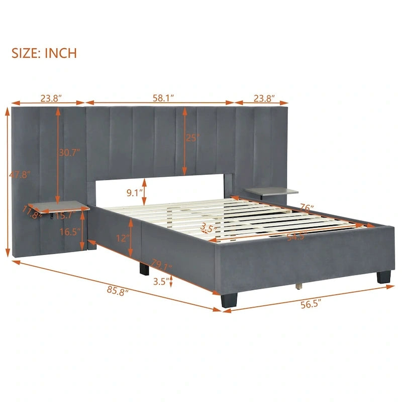 Full Size Velvet Upholstered Platform Bed with Large Headboard and Side Shelves
