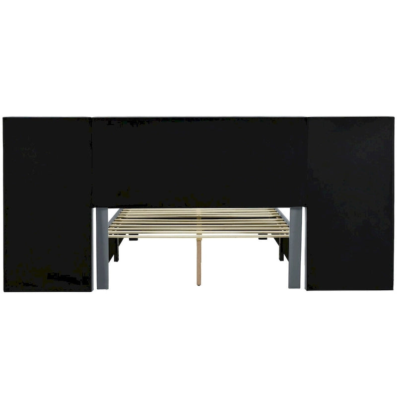 Full Size Velvet Upholstered Platform Bed with Large Headboard and Side Shelves