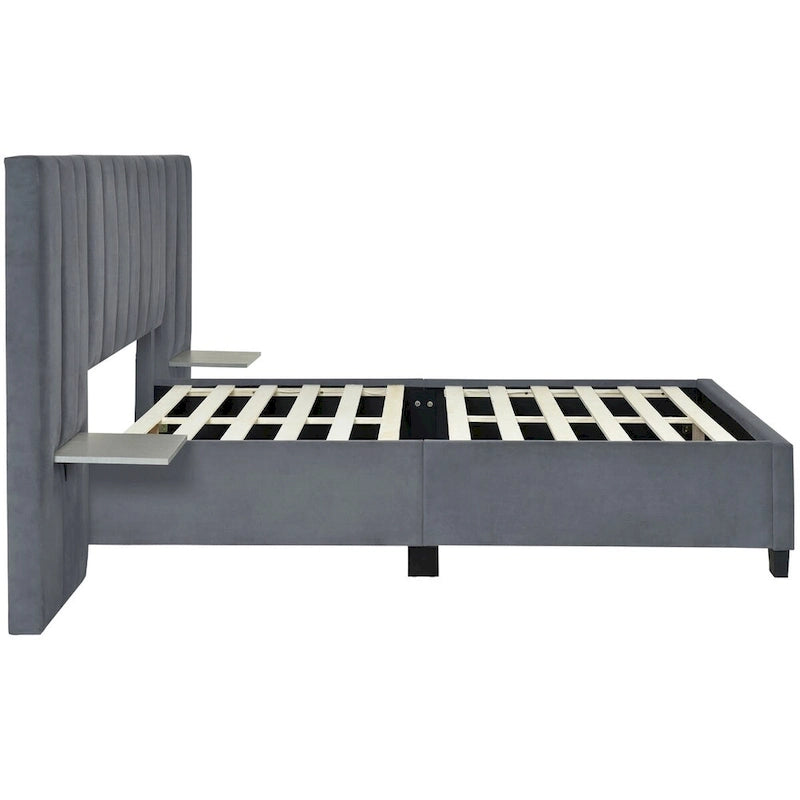 Full Size Velvet Upholstered Platform Bed with Large Headboard and Side Shelves