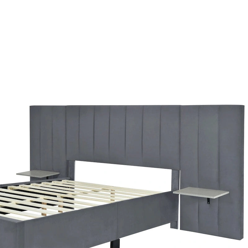 Full Size Velvet Upholstered Platform Bed with Large Headboard and Side Shelves