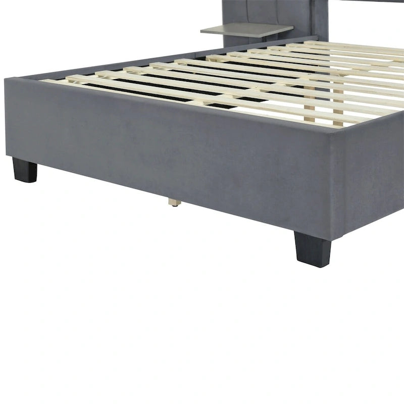 Full Size Velvet Upholstered Platform Bed with Large Headboard and Side Shelves