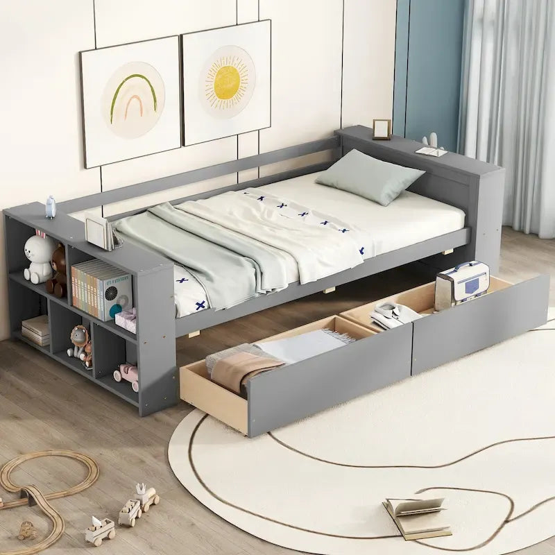 Twin Size Daybed with Side Shelves and 2 Under-Bed Drawers - Grey