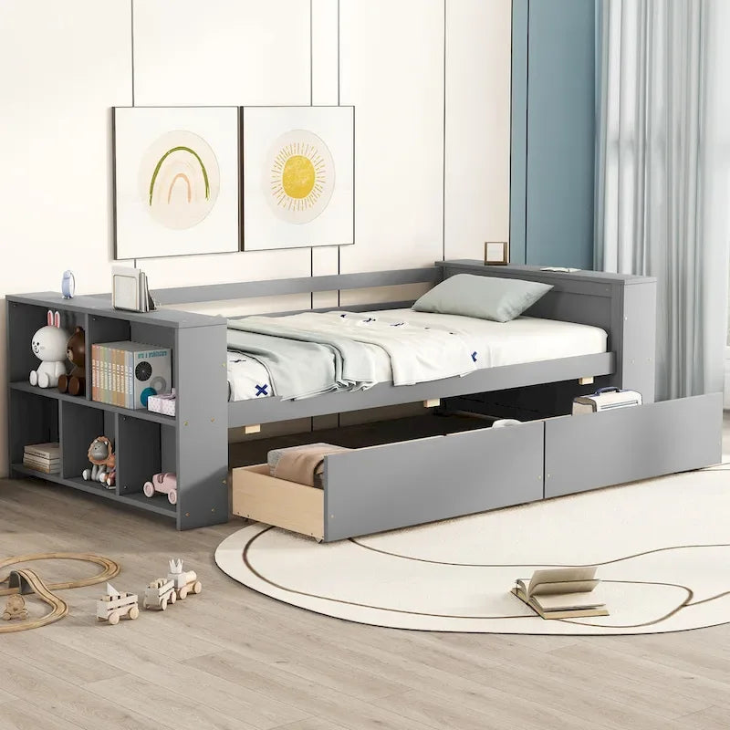 Twin Size Daybed with Side Shelves and 2 Under-Bed Drawers - Grey