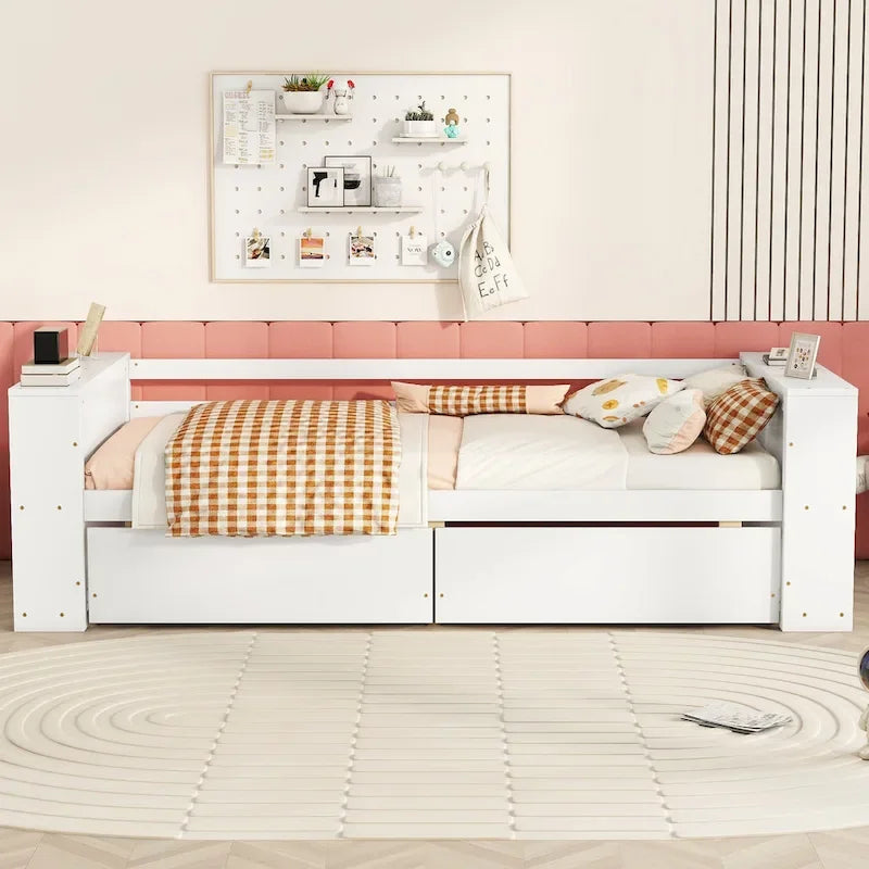 Twin Size Daybed with Side Shelves and 2 Under-Bed Drawers - Grey