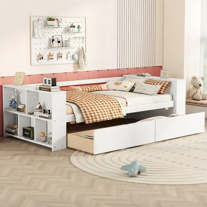 Twin Size Daybed with Side Shelves and 2 Under-Bed Drawers - Grey