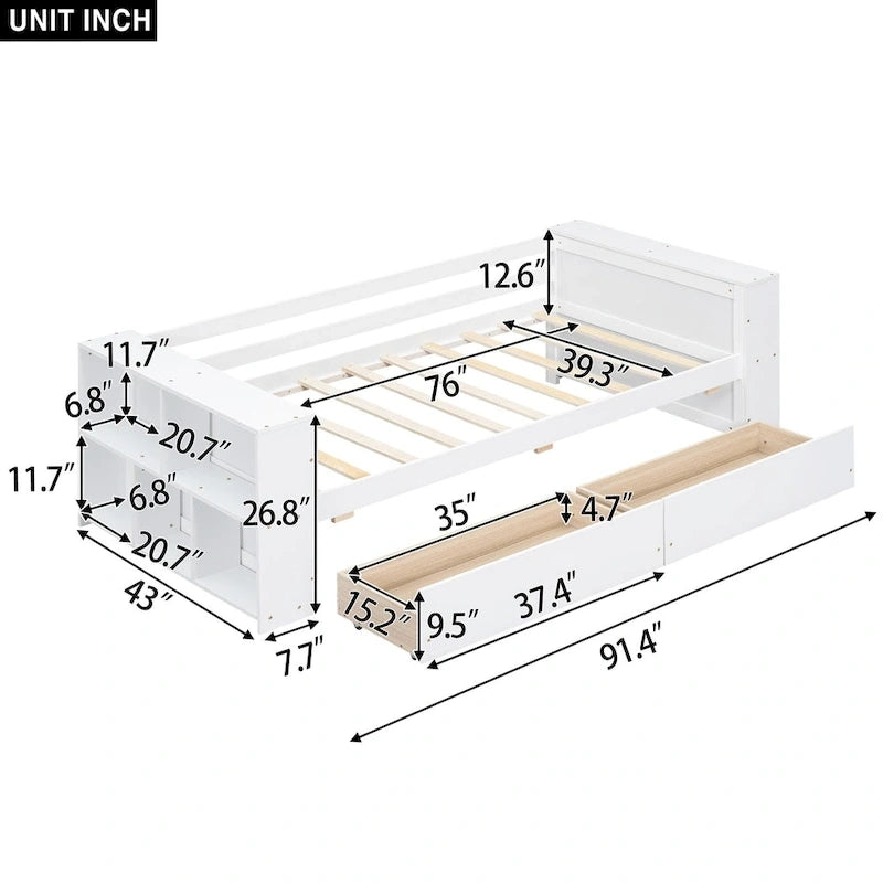 Twin Size Daybed with Side Shelves and 2 Under-Bed Drawers - Grey
